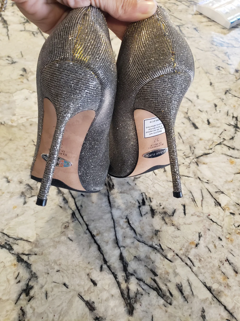 Sarah Flint Silver Glitter Pointed Toe Stilettos with Gold Edge